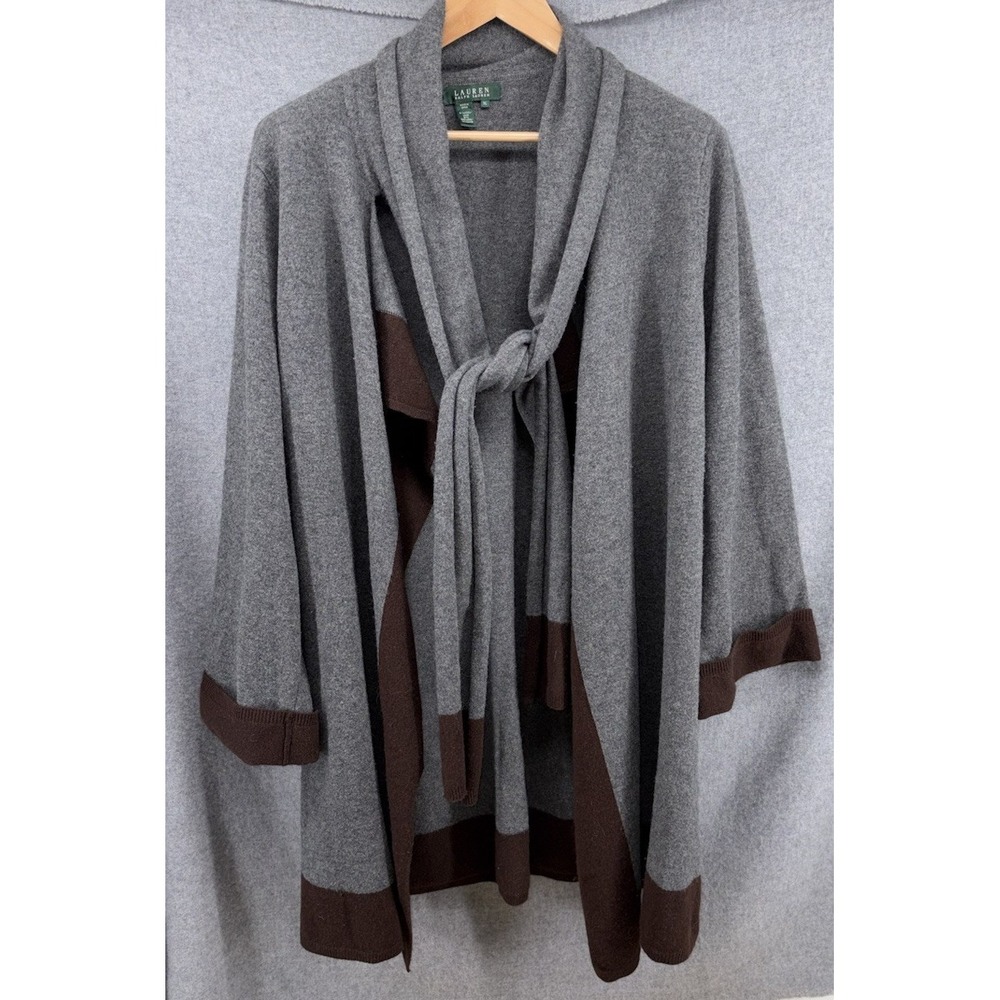 Lauren Ralph Lauren Wool Cashmere Open Front Cardigan Sweater Tie Scarf XL Gray